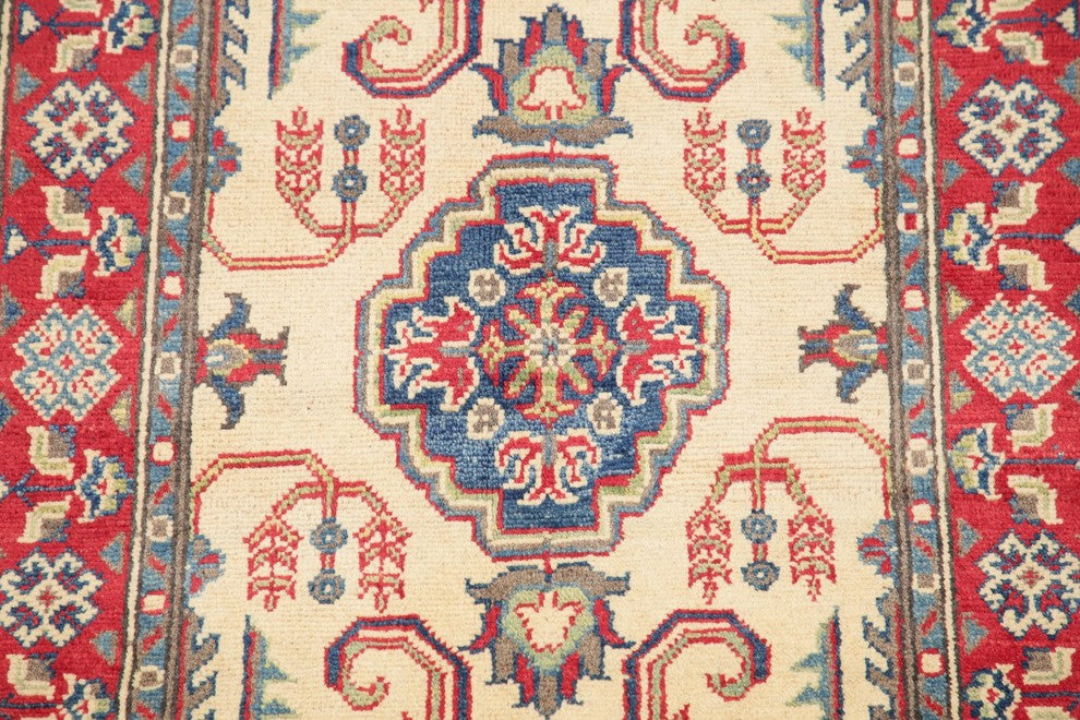 Pakistani Hand-Knotted Oriental Kazak Traditional Area Rug, Beige, 4'3"X2'8"