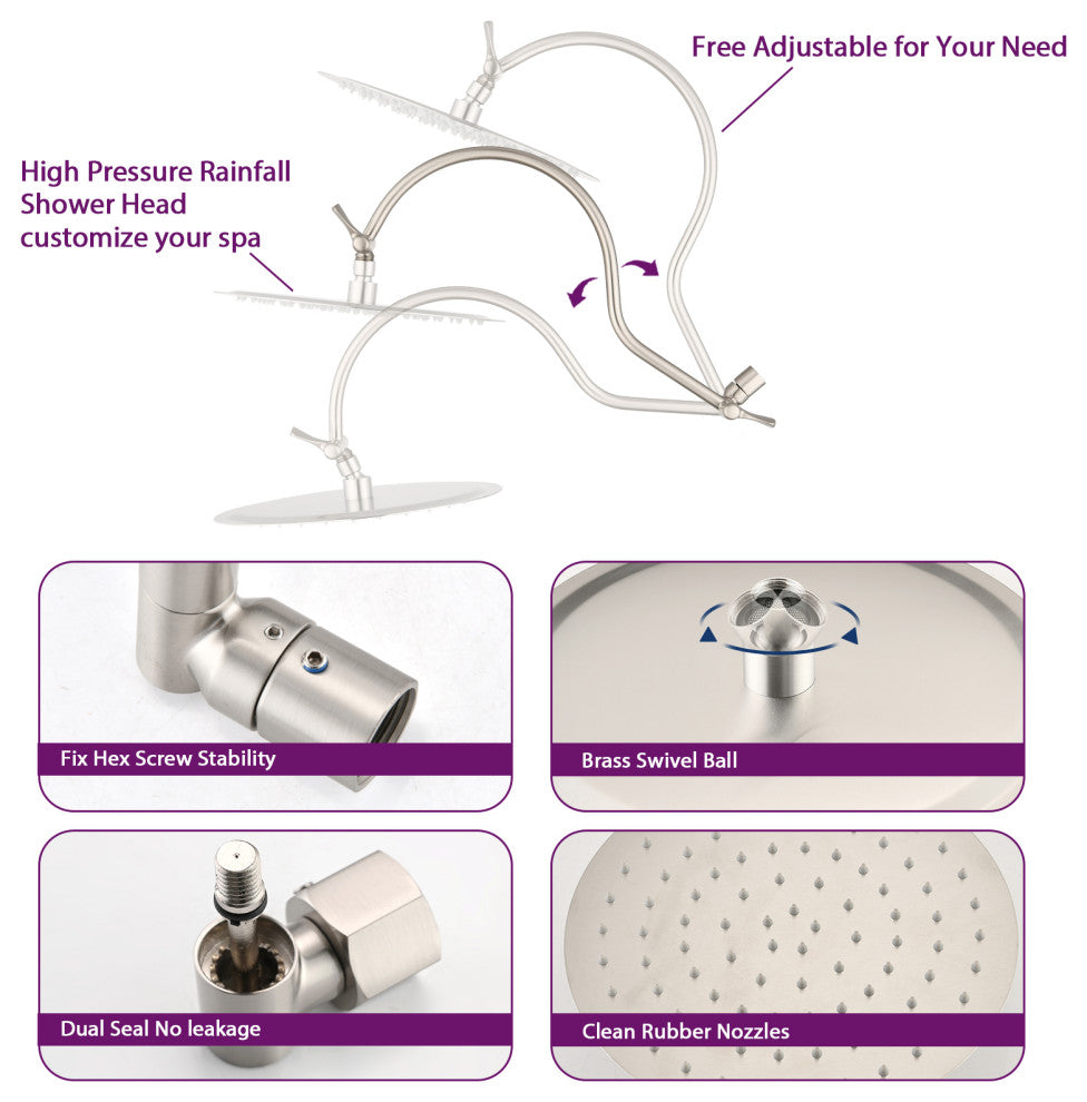 10'' Rainfall Shower Head With 12'' Upgrade Adjustable Extension Arm, Brushed Nickel