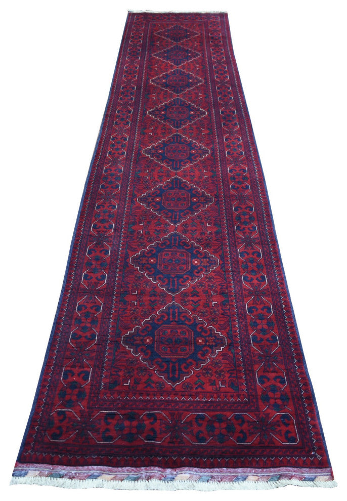 Deep Red, Afghan Khamyab, Soft Wool Hand Knotted Runner Rug, 2'7"x13'0"