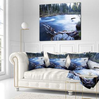 Blue River in Forest At Evening Landscape Printed Throw Pillow, 16"x16"