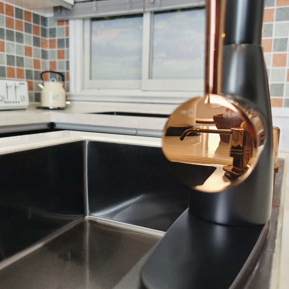 Pull Down Kitchen Faucet With Deck Plate, Two-Tone Matte Black and Rose Gold