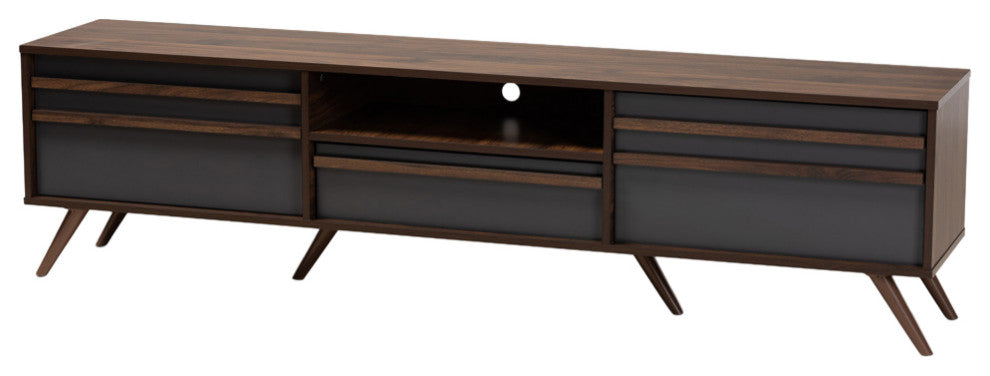 Colwyn Two-Tone Gray and Walnut Wood TV Stand With Drop-Down Compartments