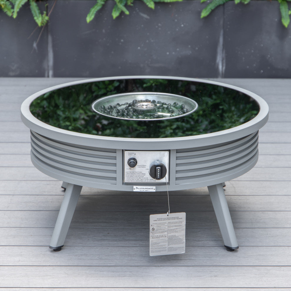 LeisureMod Walbrooke Patio Sofa Set With Round Fire Pit Table, Charcoal