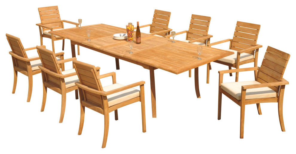 9-Piece Outdoor Teak Dining Set: 117" Rectangle Table,8 Alps Stacking Arm Chairs