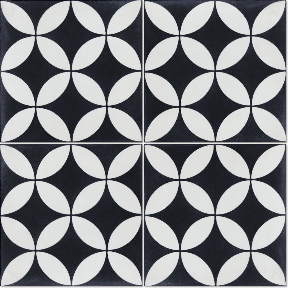 8"x8" Circulous Black and White Evening Cement Tiles, Set of 16