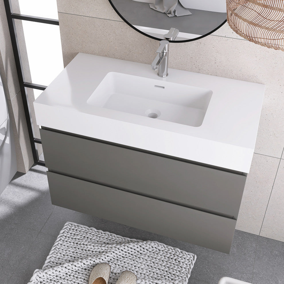 Wood Wall-Mounted Bathroom Vanity Set with Integrated Resin Sink, Grey, 36"