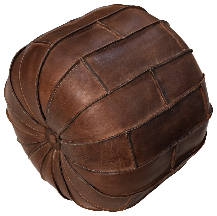 Solid Handmade Leather Pouf Brown, 16x16x16