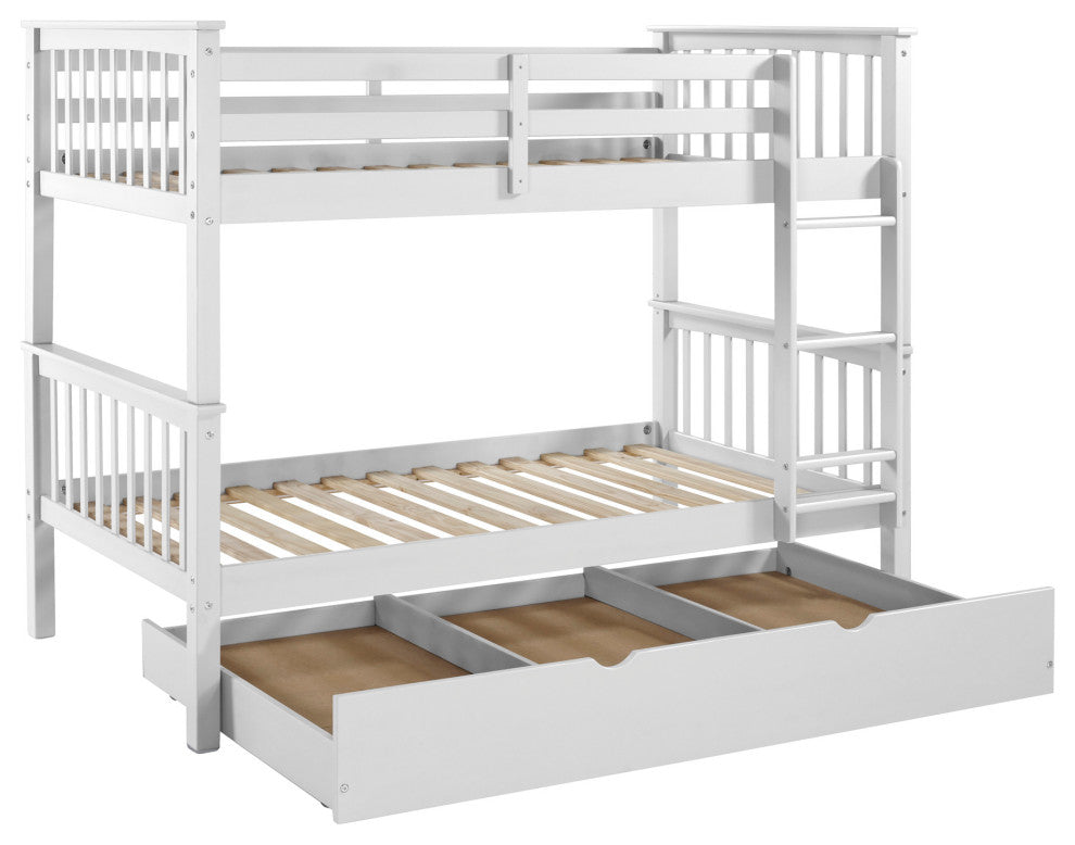 Solid Wood Twin Bunk Bed with Trundle Bed - White