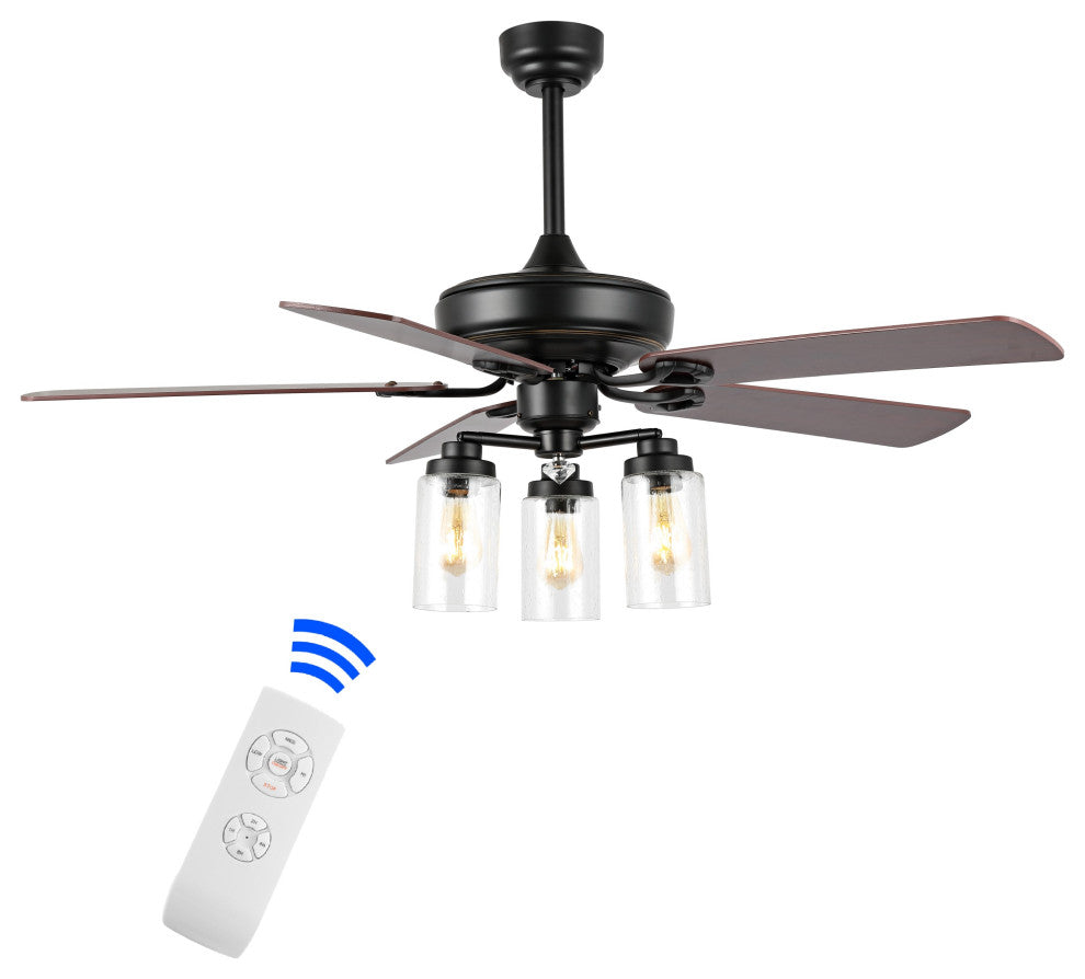 Lucas 52" 3-Light Rustic Mobile-App/Remote-Controlled Ceiling Fan, Black/Clear