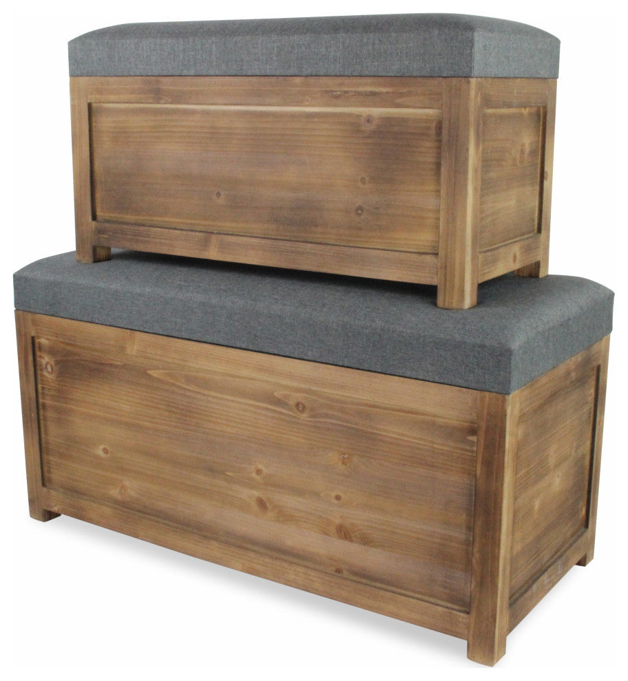 2-Piece Set Rectangular Gray Linen Fabric and Wood Storage Benches