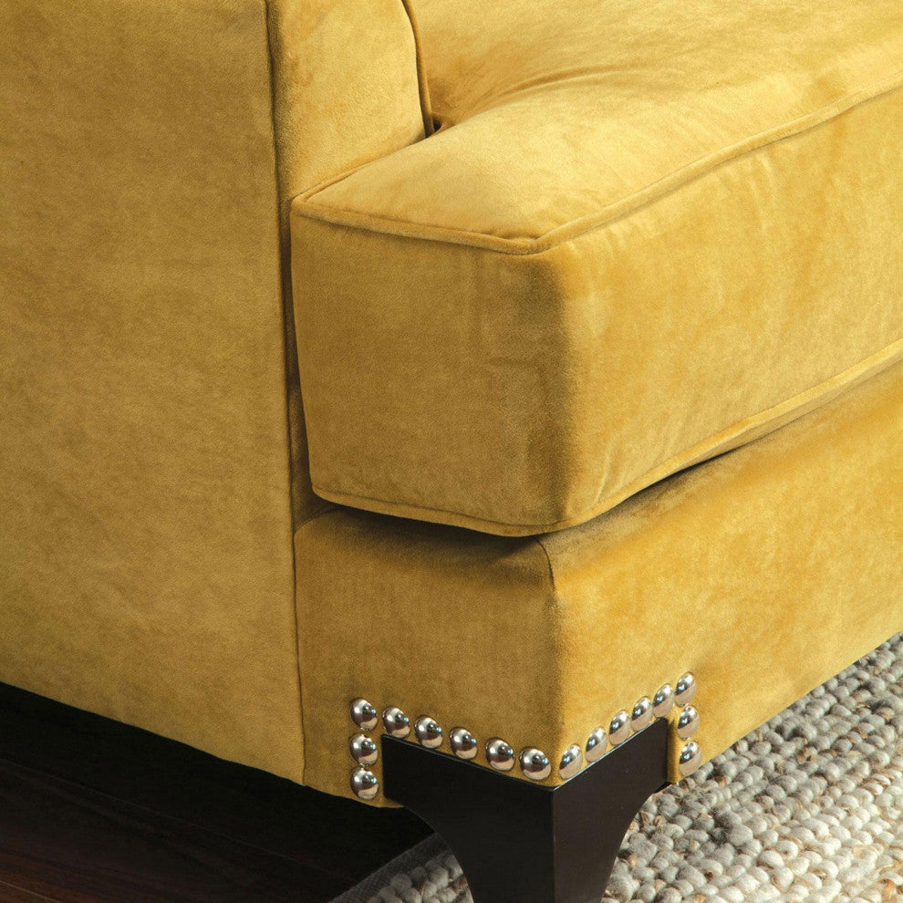 Velvet-like Fabric Love Seat with Sloped Arms Design, Gold