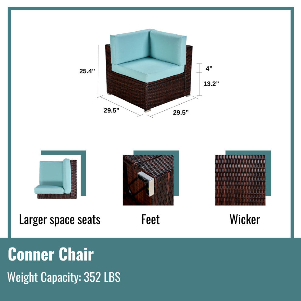 7-Piece Outdoor Wicker U-Shaped Patio Sofa Set with Table and Cushions, Teal Blue+brown