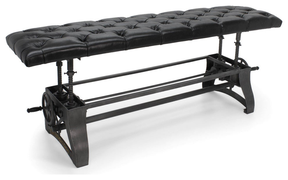 Crescent Industrial Dining Bench - Adjustable Iron Base - Black Leather Seat