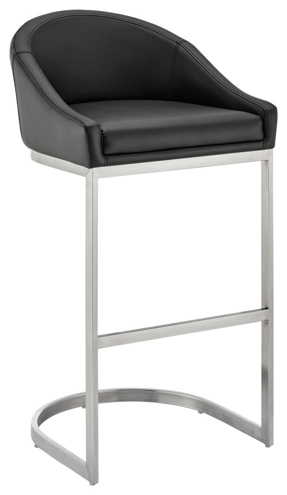 Atherik Counter Stool, Brushed Stainless Steel With Faux Leather, Black