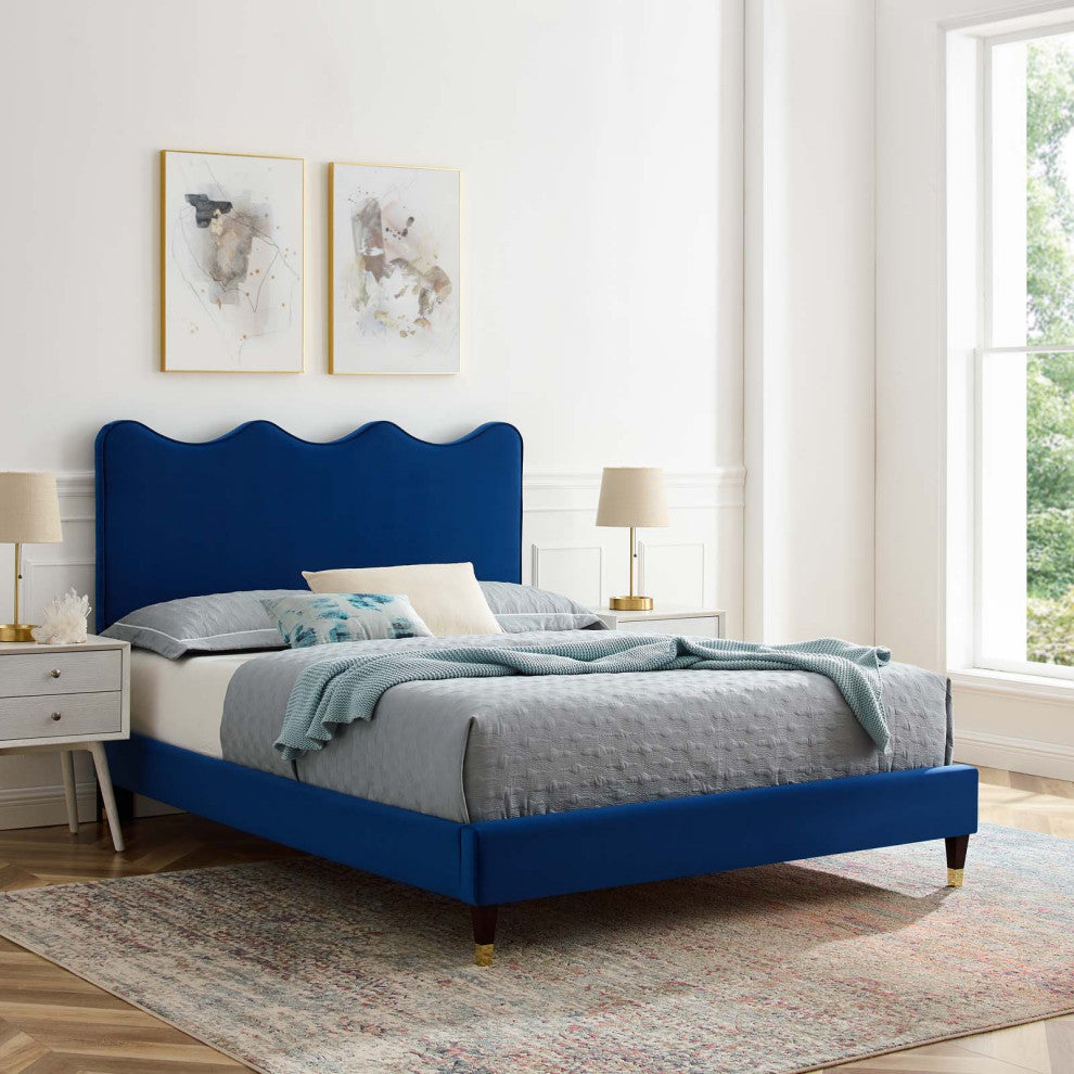 Platform Bed Frame, King Size, Blue Navy, Velvet, Modern, Bedroom Guest Suite
