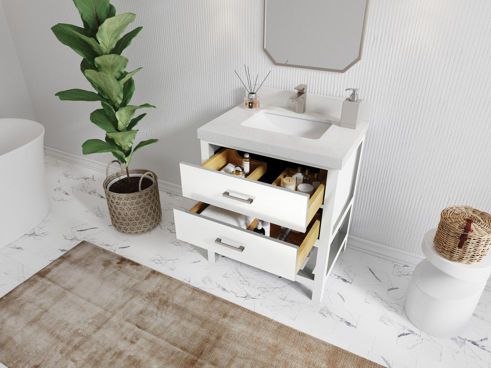 Parker 30 Single Sink Bath Vanity in White 2" Piatra Gray
