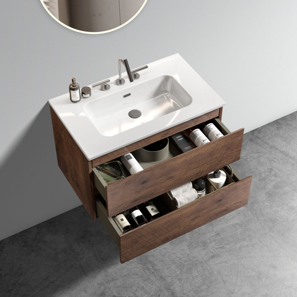 Wall-Mounted Bathroom Vanity Set with Ceramic Sink with three faucet holes, Walnut, 30"