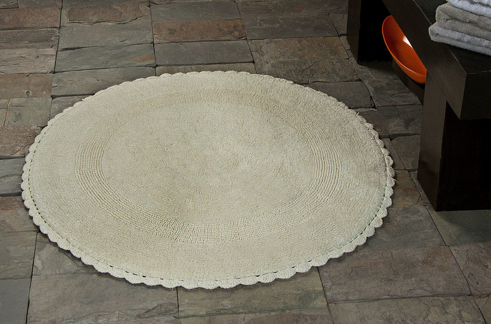 Saffron Fabs Bath Rug 36" Reversible Hand Knit Crochet Lace Border, Ivory