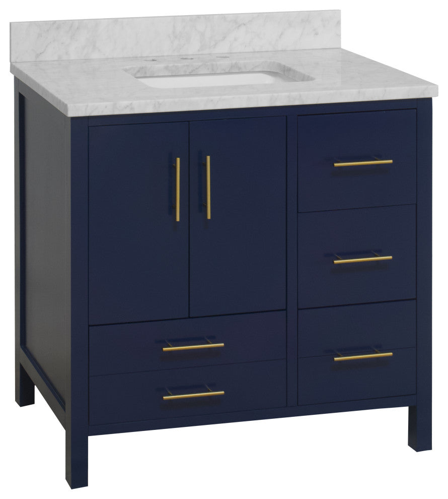 California 36" Bathroom Vanity, Royal Blue, Carrara Marble