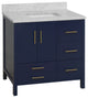 California 36" Bathroom Vanity, Royal Blue, Carrara Marble