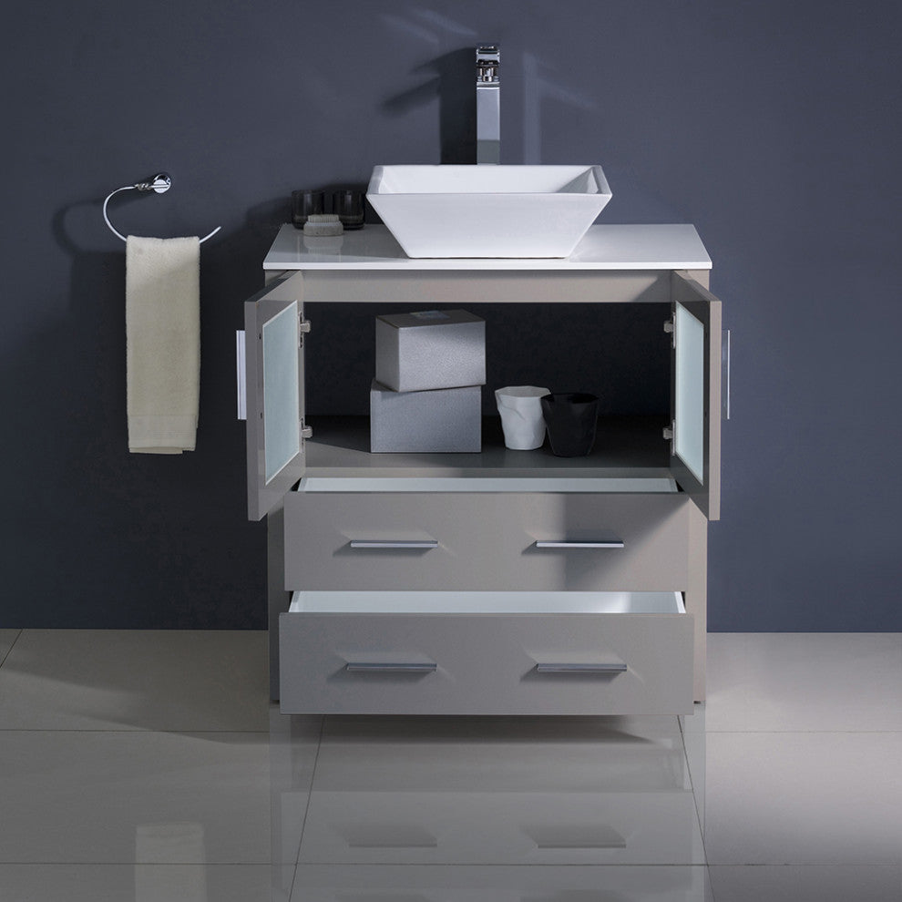 Torino Modern Bathroom Cabinet With Top and Vessel Sink, Gray, 30"