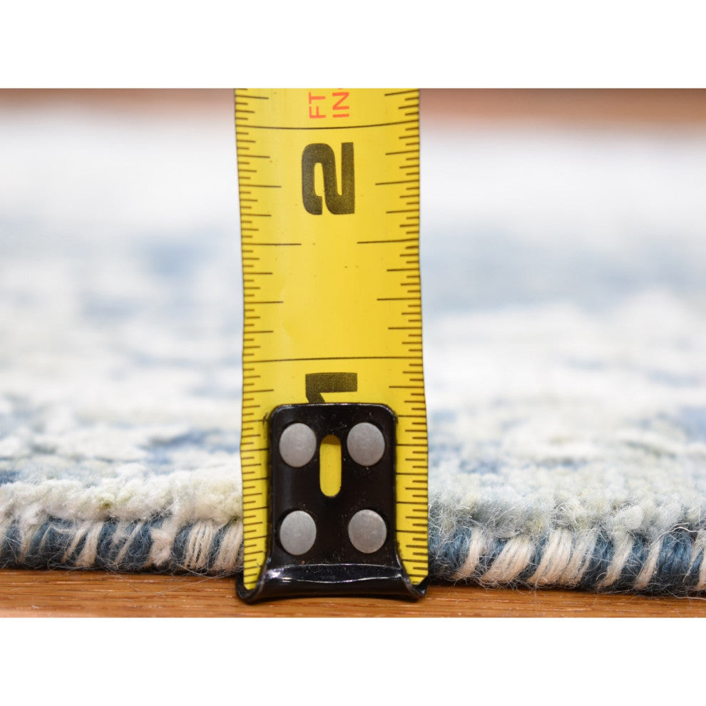 Hand Knotted Abstract Design Wool and Real Silk Denim Blue Runner Rug 2'7"x12'1"