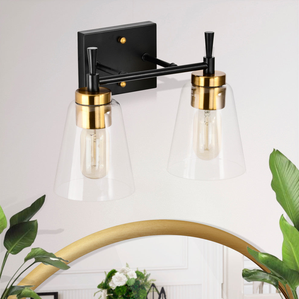 13 in. 2-Light Black and Antique Brass Vanity Light With Clear Glass Shades