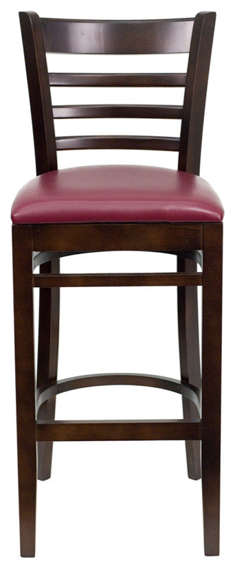Ladder Back Walnut Wood Restaurant Barstool, Burgundy Vinyl Seat