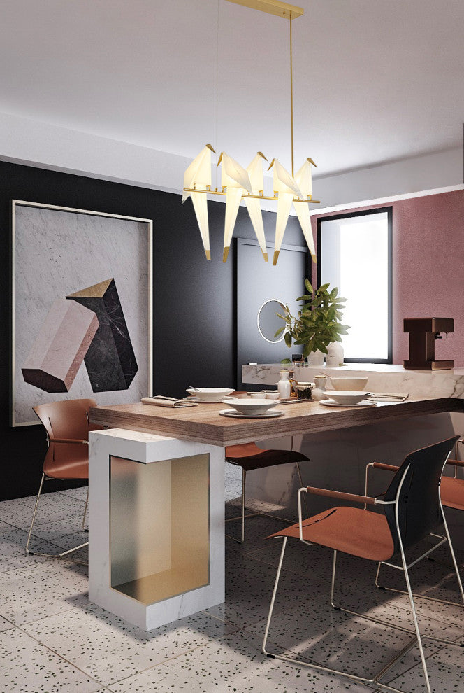 Gold Carbon Steel Frame With White Plastic Birds LED Light Fixture