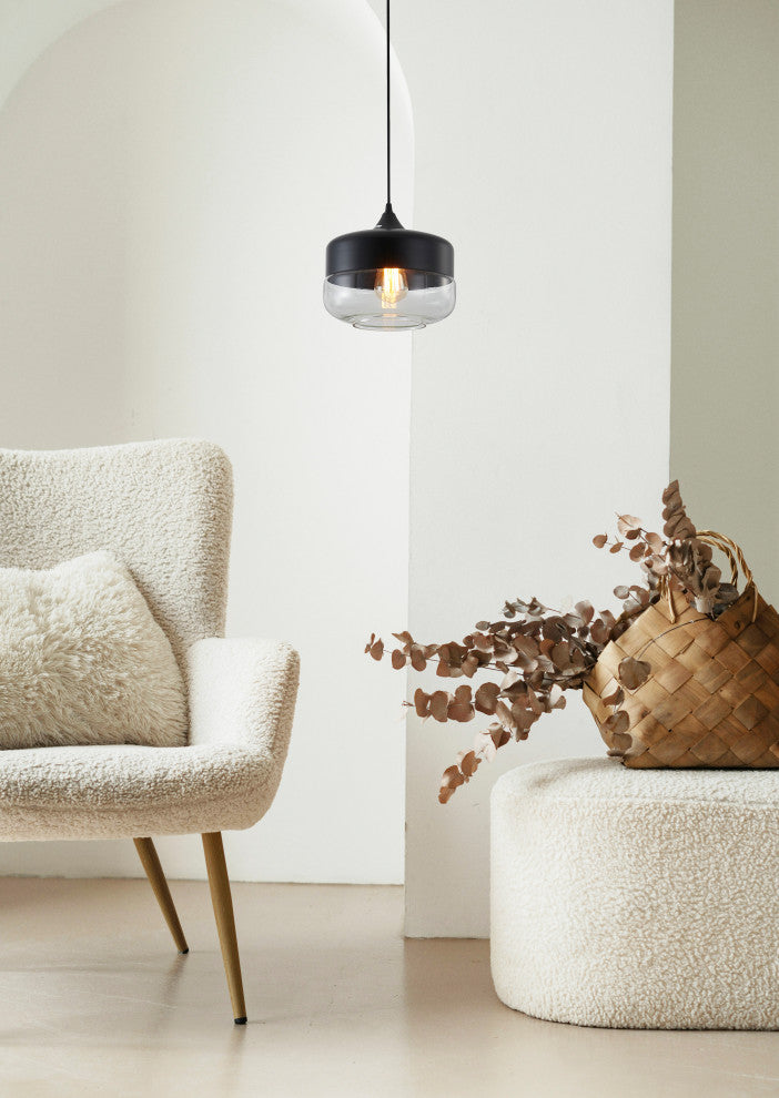 1-Light 10" Matte Black Metal Pendant With A Glass Shade