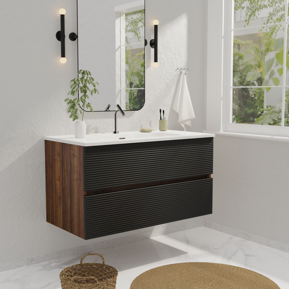 Wall-Mounted Bathroom Vanity Set with Integrated Ceramic Sink, Black, 36"