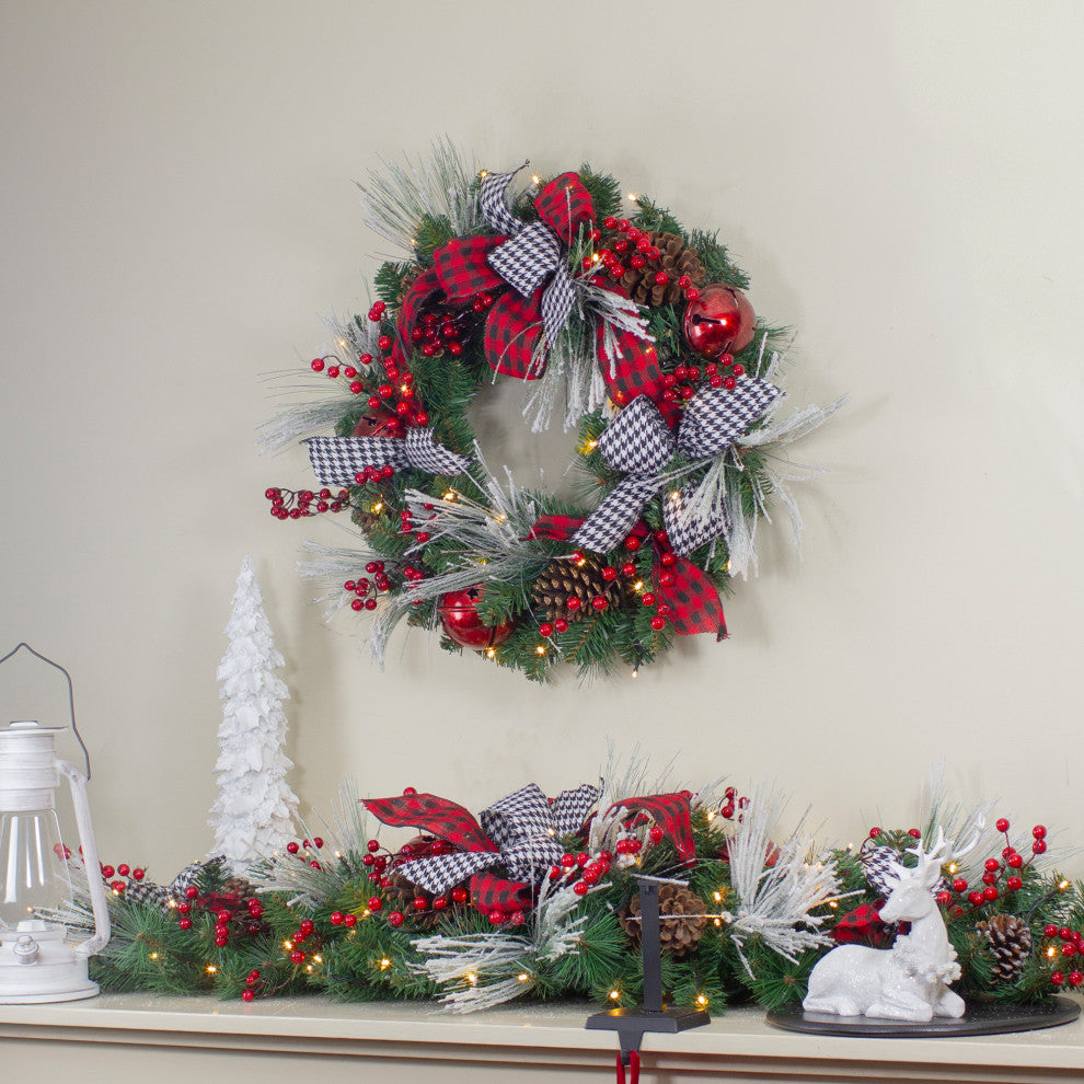 Decorated Plaid, Houndstooth Artificial Christmas Wreath 24" Warm White Lights