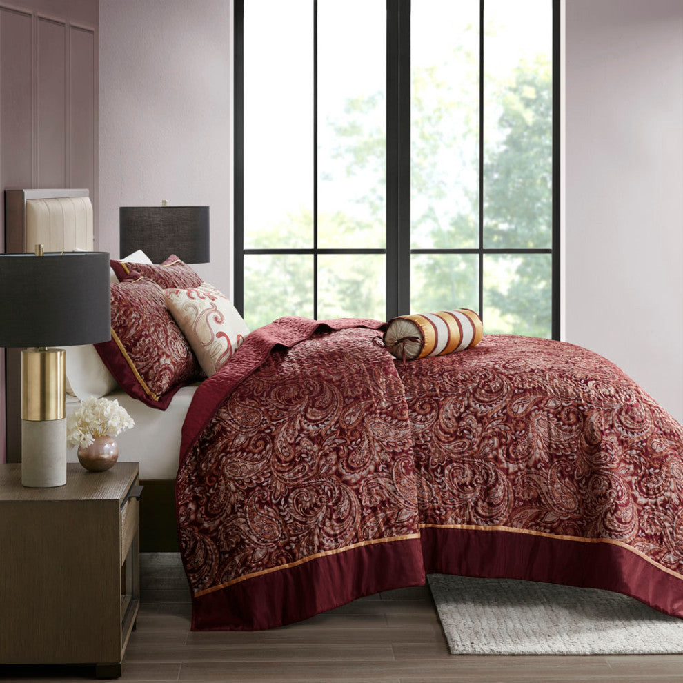 Madison Park Aubrey 5 Piece Reversible Jacquard Bedspread Set, Burgundy