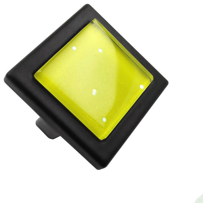 Yellow Iridescent Dots Crystal Glass Black Metal Square Manor Knob