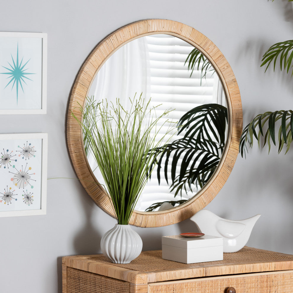 Bella Modern Bohemian Natural Brown Mahognay Wood and Natural Rattan Mirror
