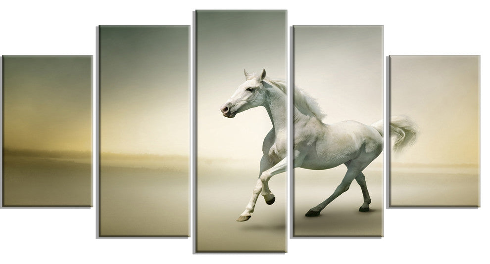 White Horse in Motion, Animal Canvas Art Print, 60"x32", 5 Panels