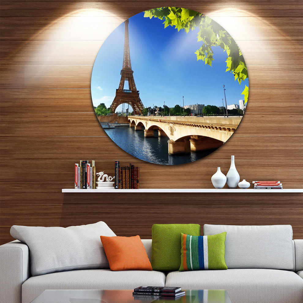 Bridge To Paris Eiffel Tower Paris, Cityscape Round Metal Wall Art, 36"