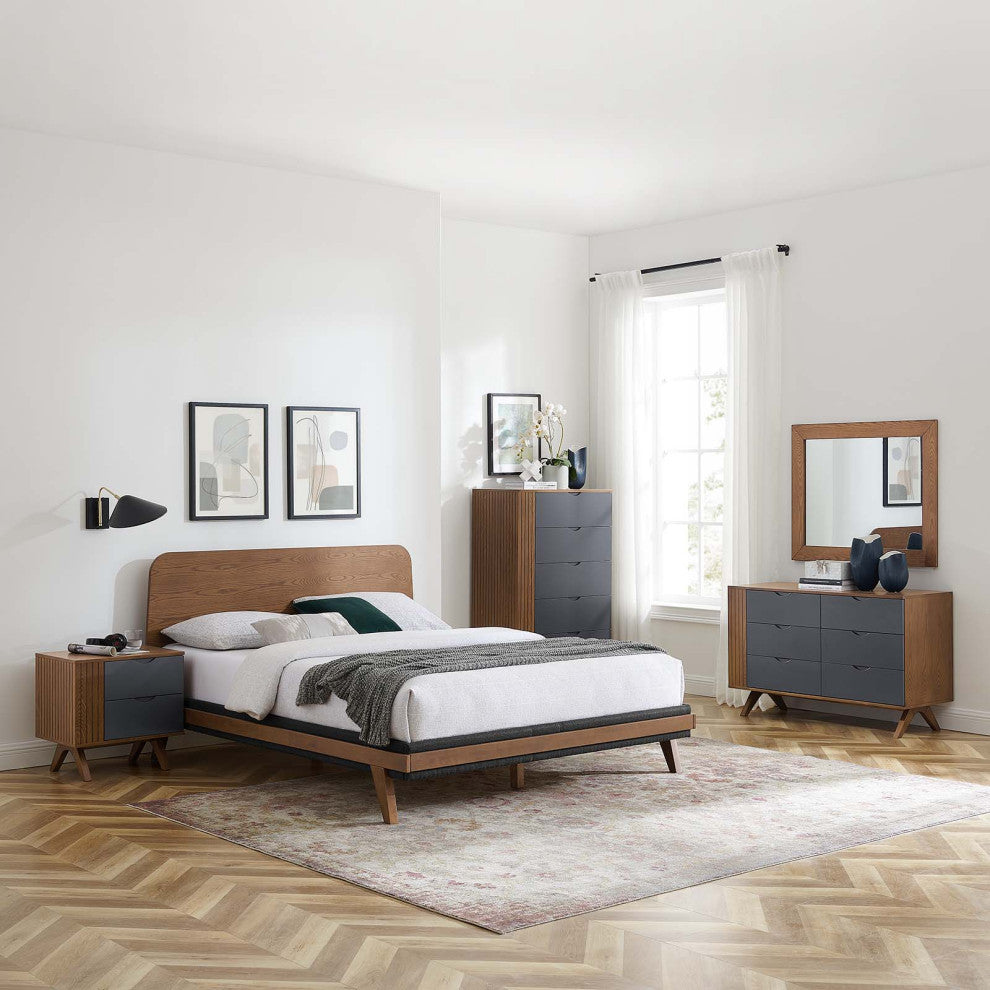 Platform Bed Dresser Chest Nightstand Set, Queen, Walnut, Wood, Modern
