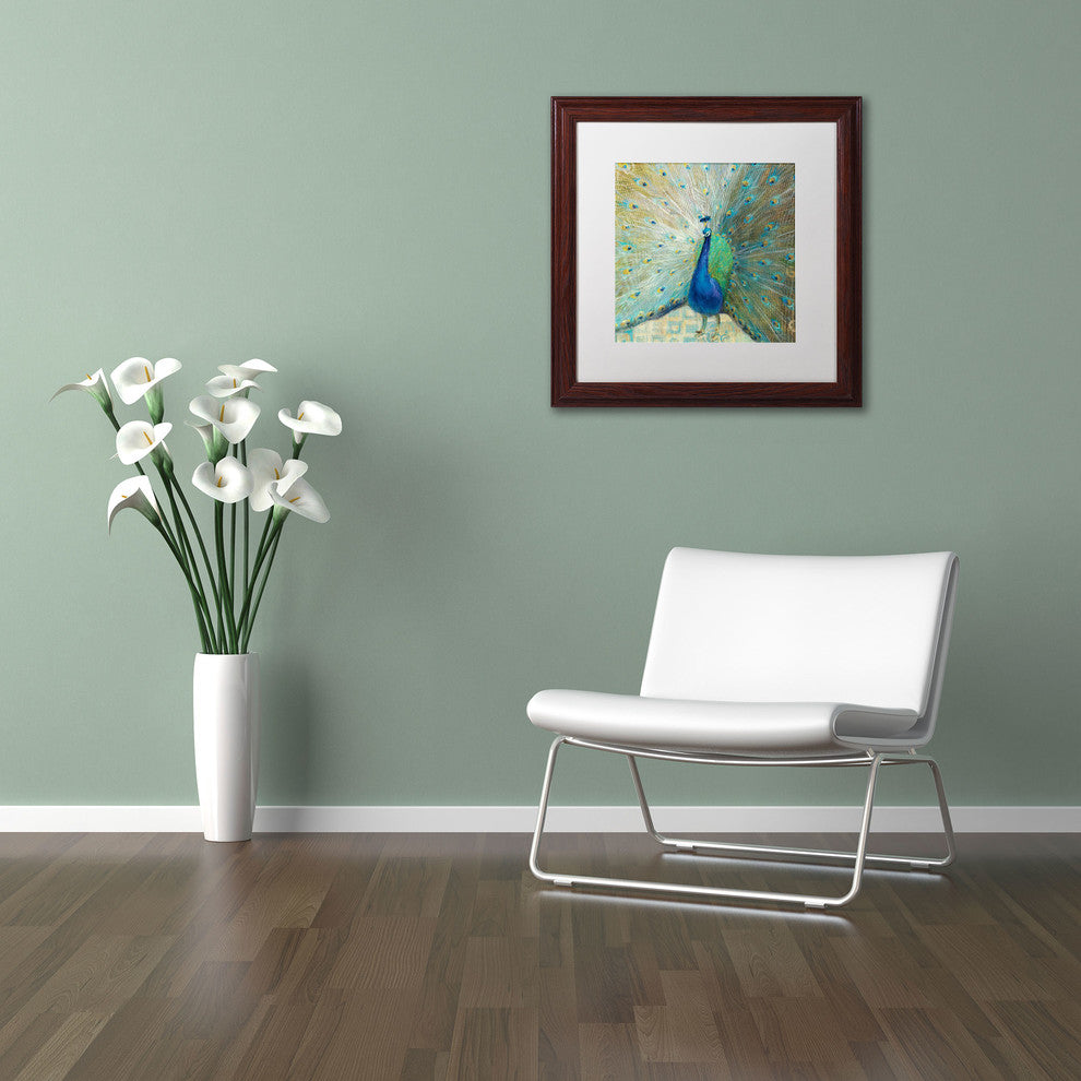 'Blue Peacock on Gold' Matted Framed Canvas Art by Danhui Nai