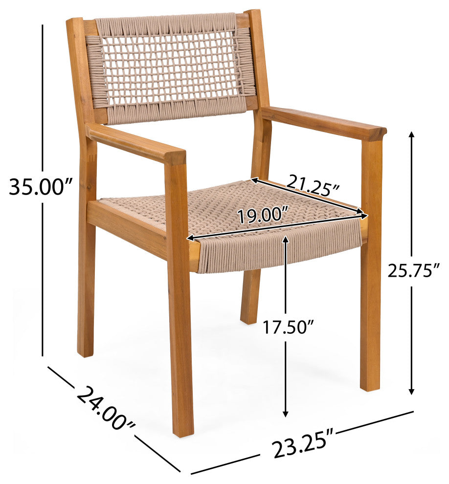 GDF Studio Outdoor Dining Chair With Ropes, Set of 2, Teak Finish/Brown Rope