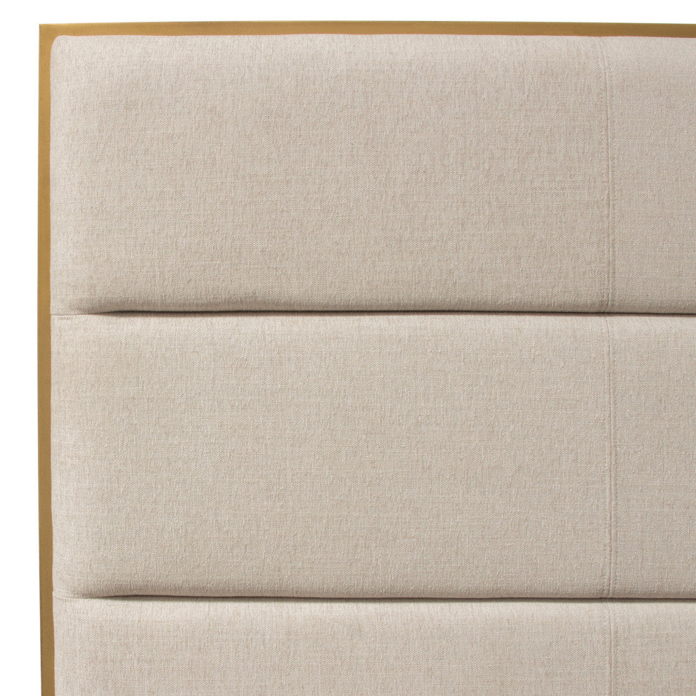 Empire Eastern King Bed, Sand Fabric With Hand brushed Gold Metal Frame
