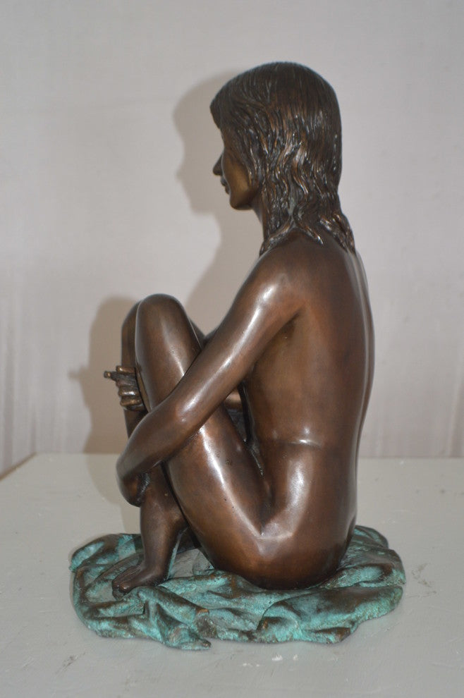Sitting Nude Girl Bronze Statue -  Size: 12"L x 10"W x 14"H.