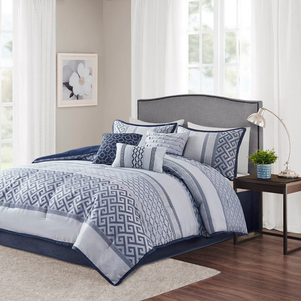 Madison Park Bennett Traditional Greek Keys 7-Piece Comforter Set, Navy Blue, Ki