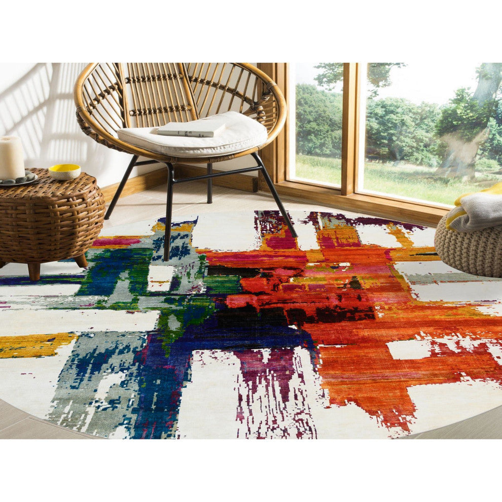 Colorful Wool and Silk Hand Knotted Modern Abstract Motifs Round Rug, 8'9"x8'9"