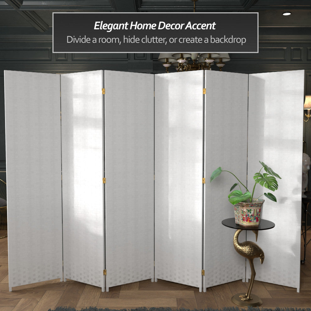 6' Tall Woven Fiber Room Divider, 6 Panel, White