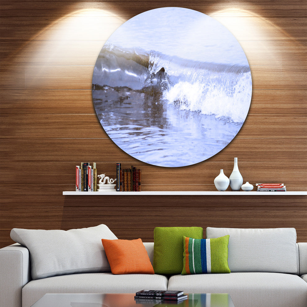 Crisp Blue Waves Splashing Beach, Seascape Round Metal Wall Art, 11"