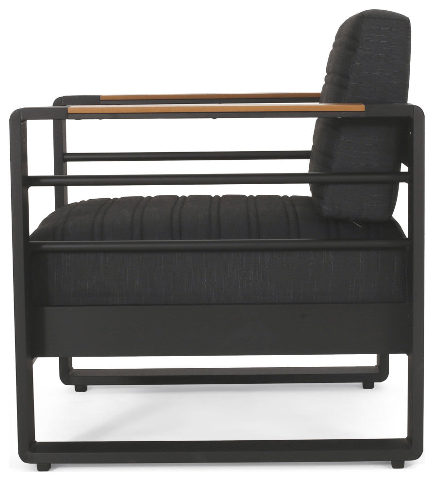 Neffs Outdoor Aluminum Club Chair With Faux Wood Accents, Black, Set of 2