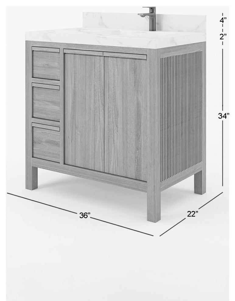 Elizabeth Teak 36" Right Offset Sink Vanity, Dark Natural 2" White Quartz