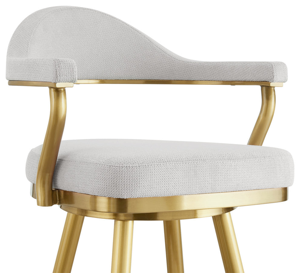 Justin 30" Swivel Bar Stool With Gold Brushed Stainless Steel and Silver Fabric