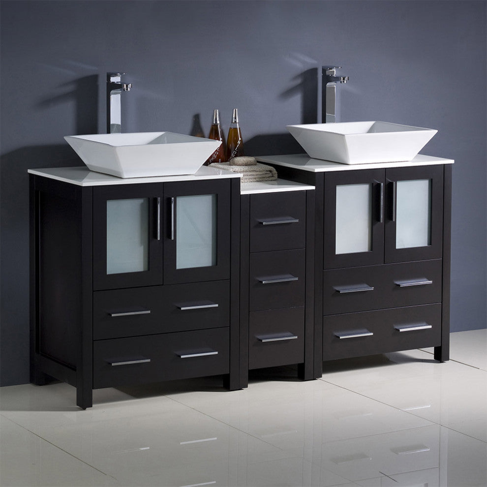 Torino 60" Double Bathroom Cabinet, Espresso, With Top and Vessel Sinks